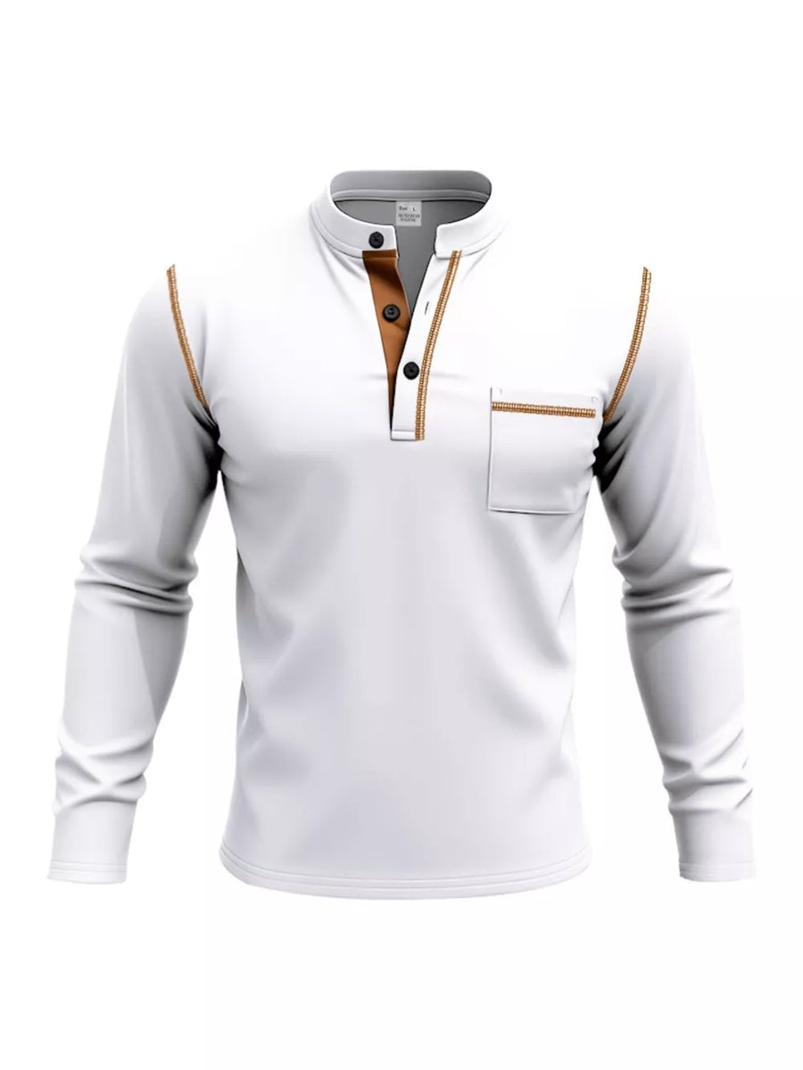 White long sleeve henley t-shirt with button detail and chest pocket