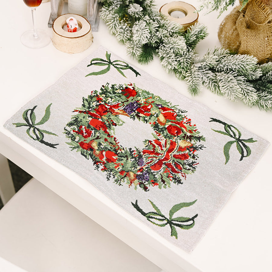 Light gray placemat with Christmas wreath and green bows pattern