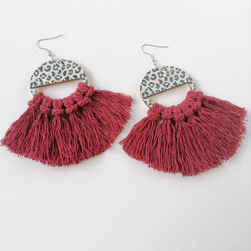 Leopard print tassel earrings in watermelon pink with wooden detail