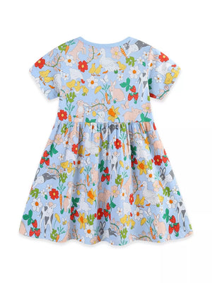 Light blue cotton toddler dress with a charming cartoon animal and floral print.