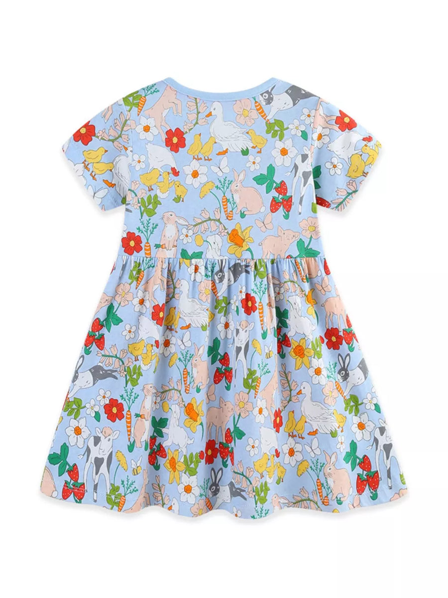 Light blue cotton toddler dress with a charming cartoon animal and floral print.