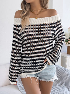 Off-shoulder striped mesh knit sweater with a relaxed fit and breathable weave.