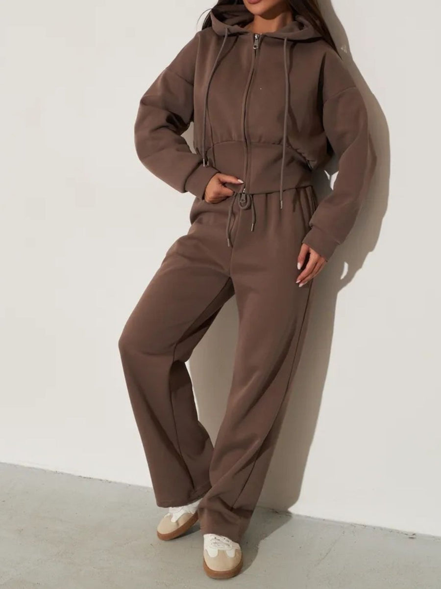 Relaxed Zip-Up Hoodie And Wide-Leg Sweatpants Set in light beige with drawstring