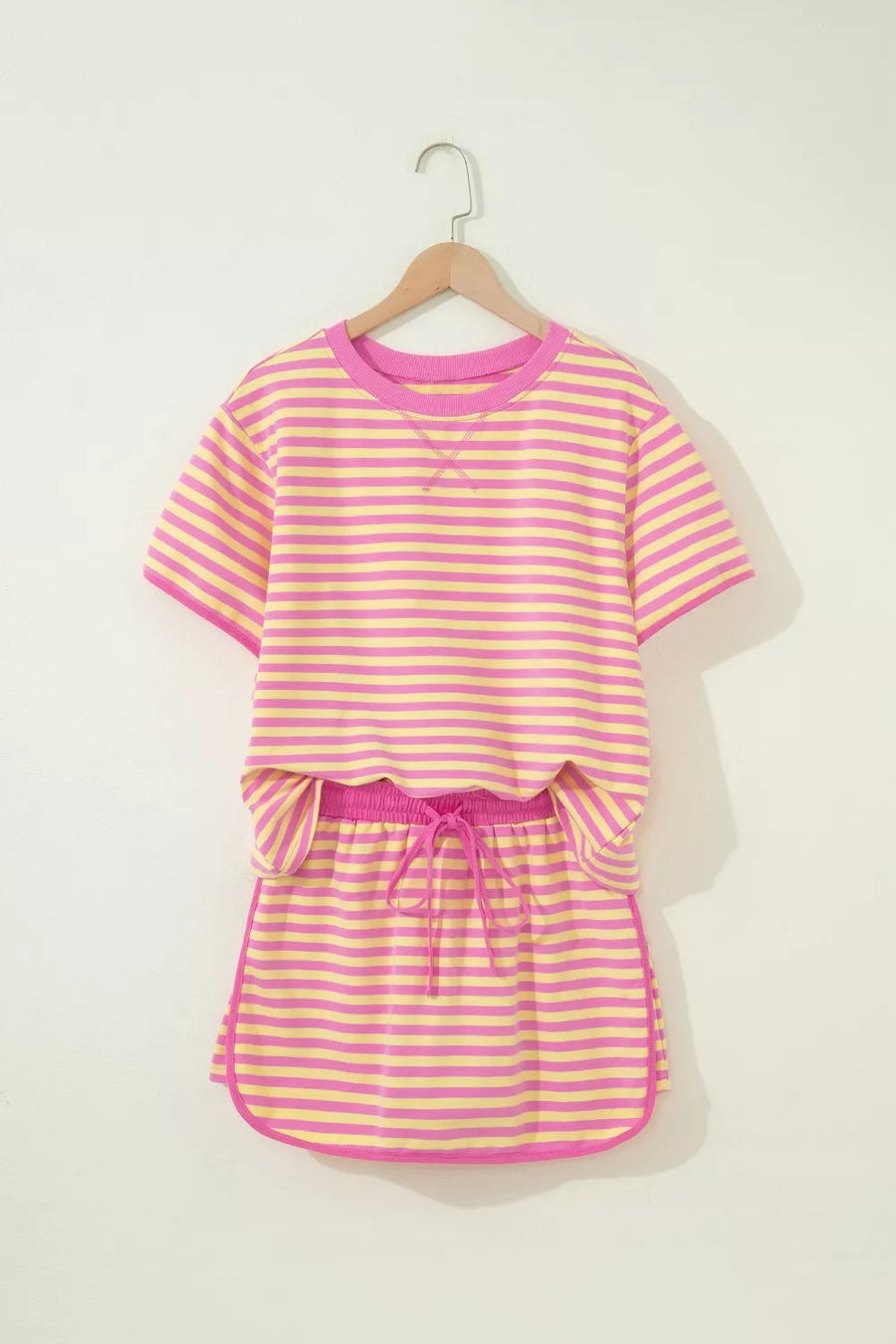 Pink and yellow striped cotton t-shirt and drawstring shorts set with pink trim