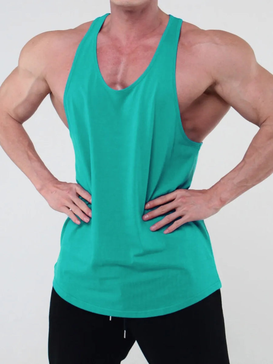 Turquoise scoop neck workout tank top with a racerback style.