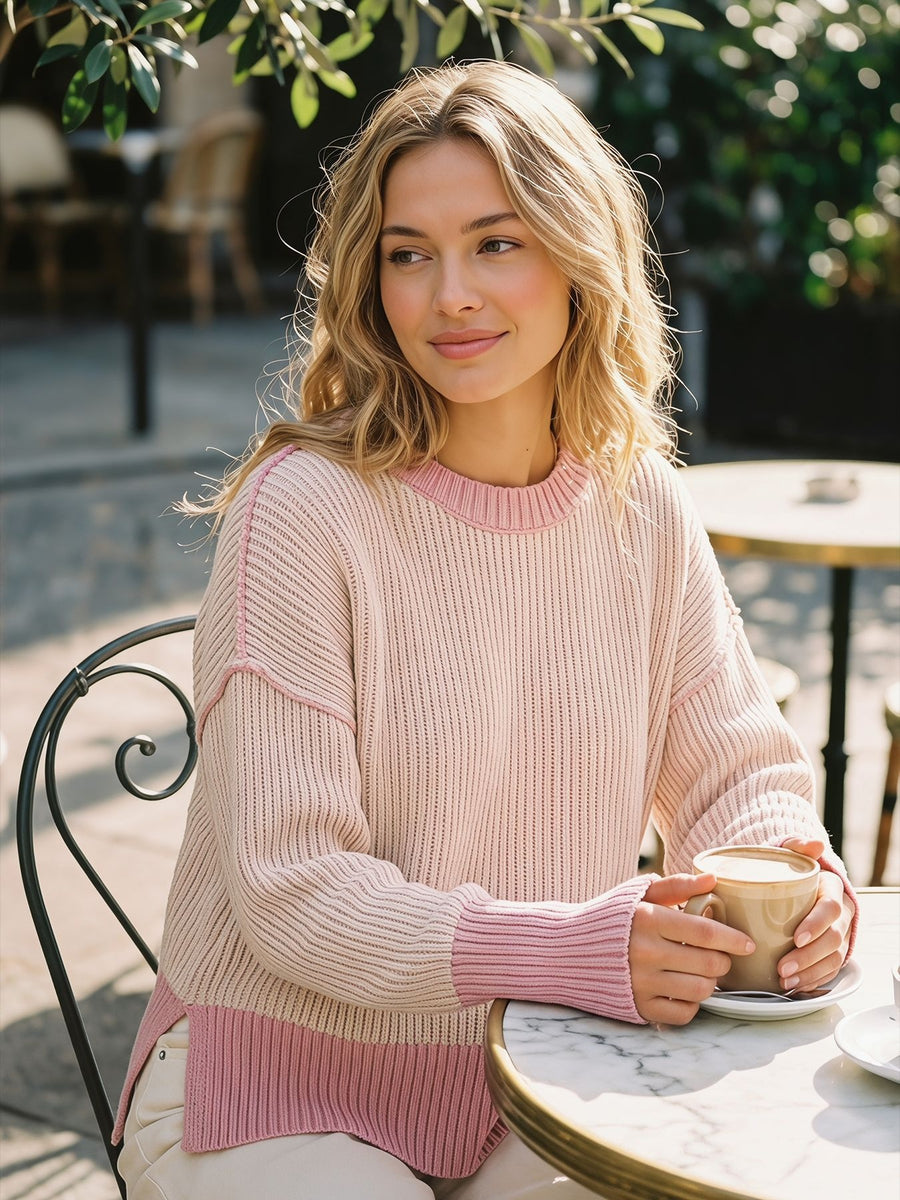 pullover sweater featuring striped in Pink with 100% polyester Care instructions: Machine wash cold texture