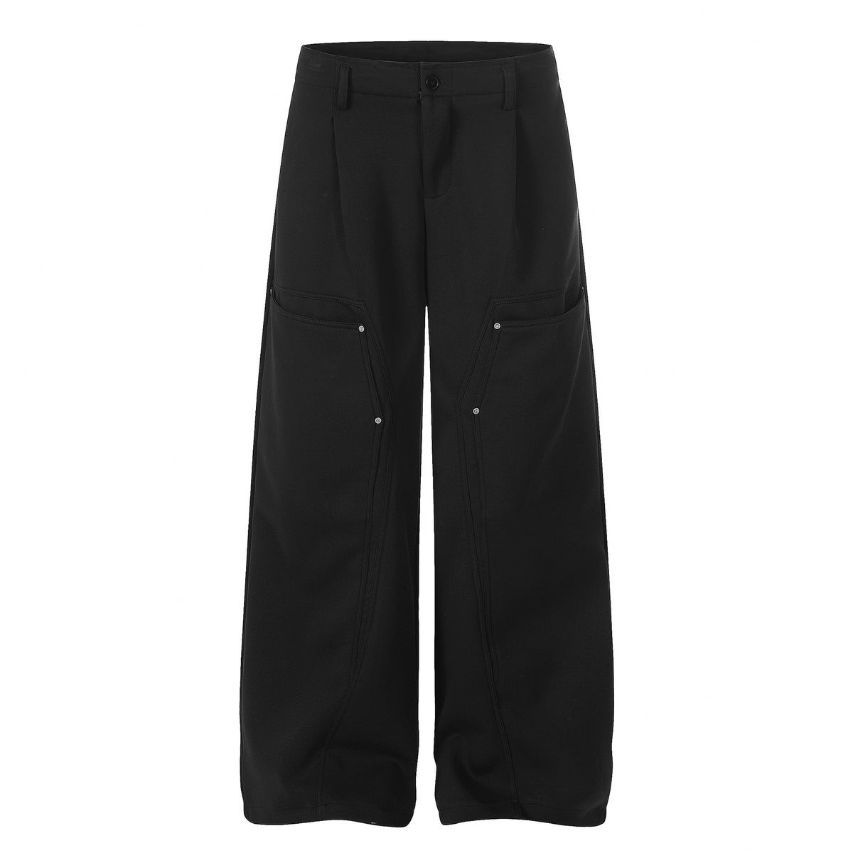Black wide-leg sweatpants with utility pockets and a relaxed fit.