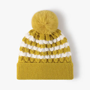 Yellow and white scalloped stripe knit beanie with pom