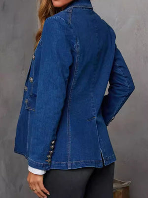 Dark denim double-breasted blazer with sculpted fit and silver buttons