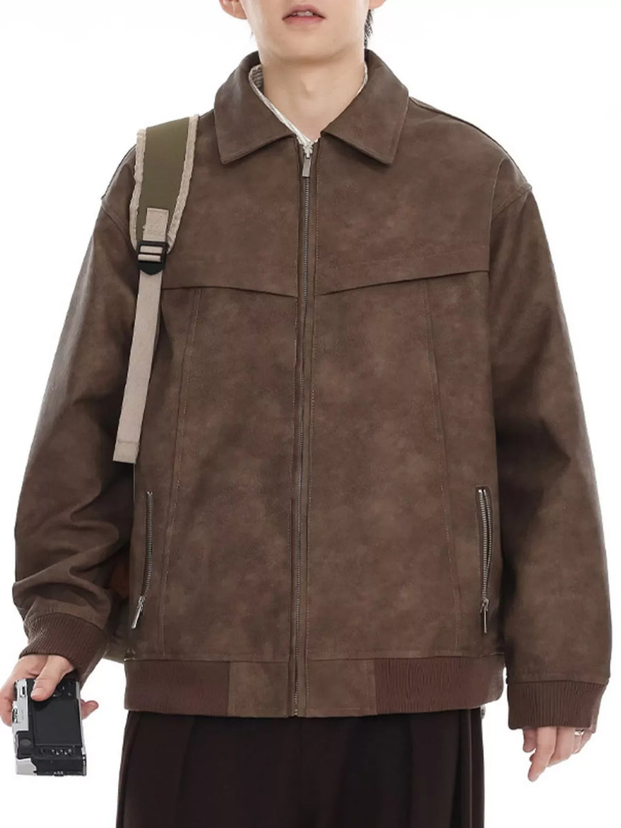 Brown drop shoulder bomber jacket with zip pockets and ribbed cuffs.
