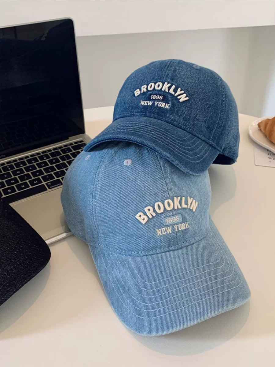 Light blue denim baseball cap with white Brooklyn embroidery