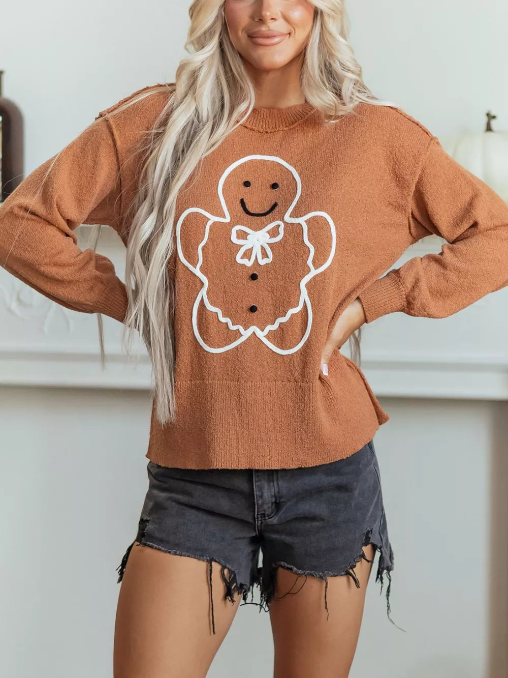Caramel pullover sweater with hip-length and pullover