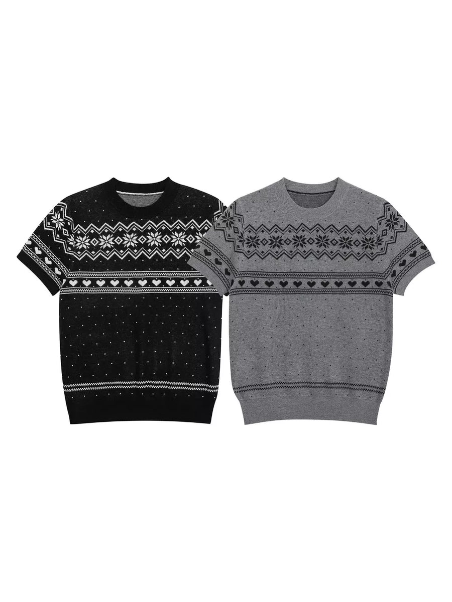 Men's Short-sleeve Fair Isle Knit Top in Black