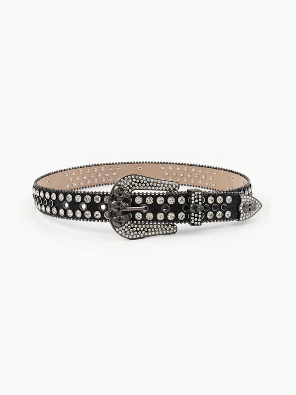 Black leather belt with crystal skull buckle and all-over rhinestone embellishments.
