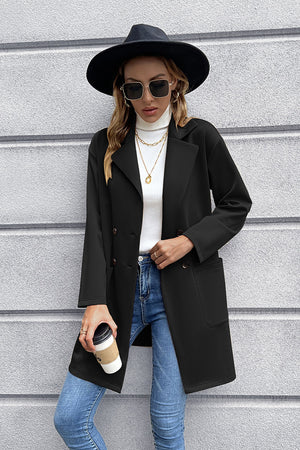 Black double-breasted blazer coat with soft drape, lapel collar, and button details.