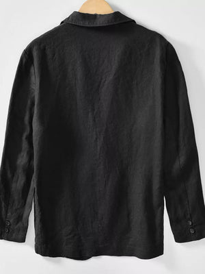 Black long sleeve blazer with button cuffs and a classic collar.