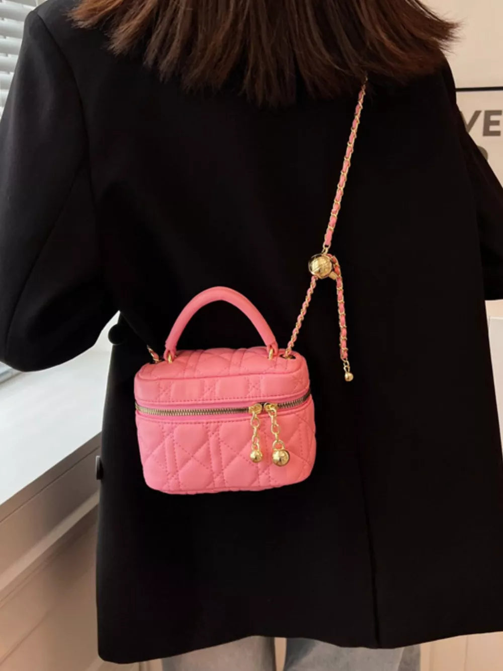 Quilted Mini Top Handle Crossbody Bag in Hot Pink