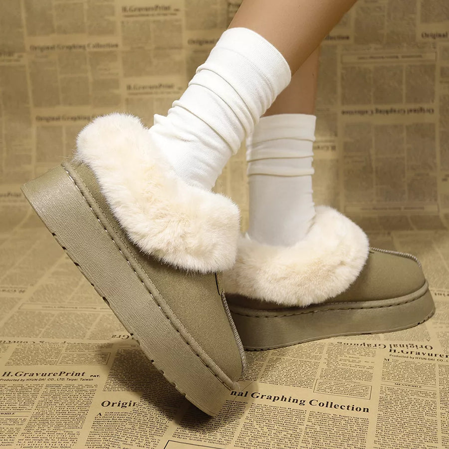 Plush suede platform slippers in matcha green with cream faux fur trim and white slouch socks.