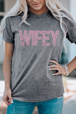 Gray graphic tee with pink leopard print "Wifey" text, short sleeves, crew neck.