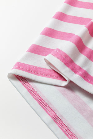 Striped V-neck t-shirt in blush pink and white with visible stitching details.