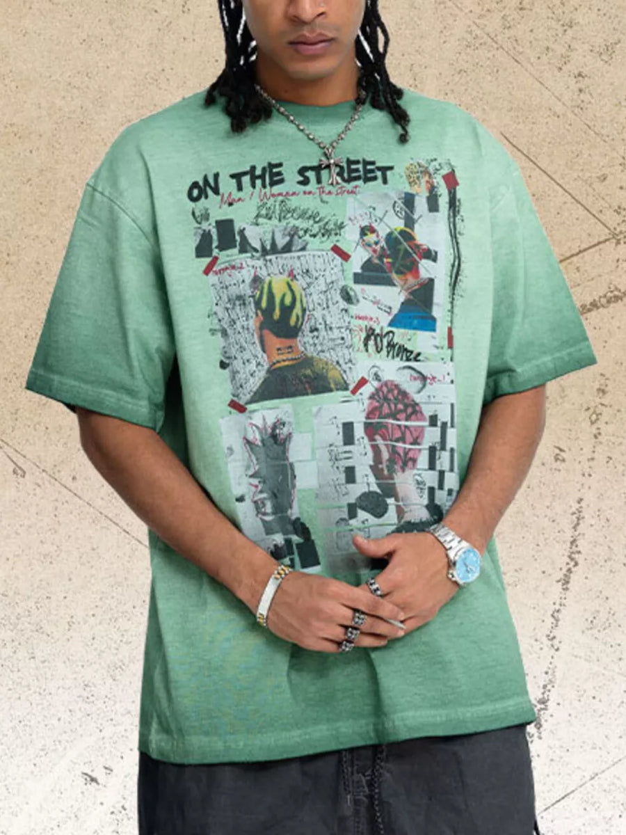 Green graphic t-shirt with round neck and short sleeves, featuring a collage-style print.