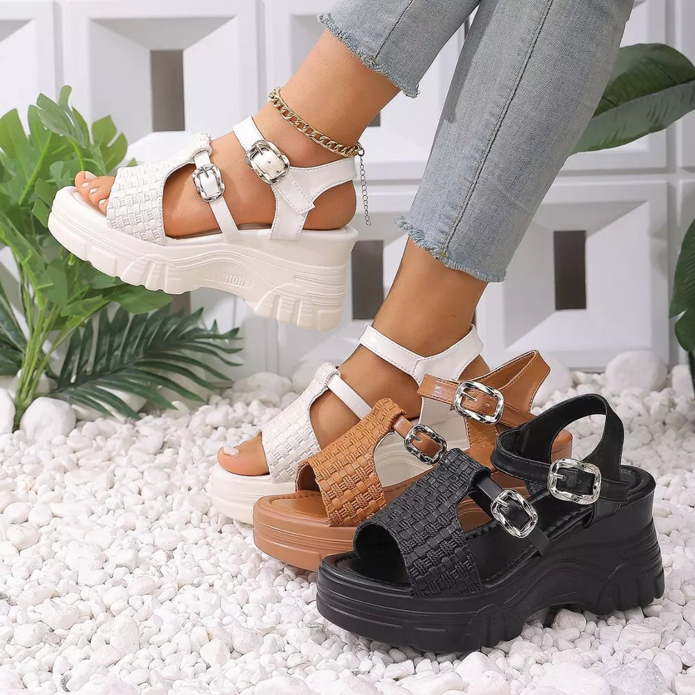 Woven texture high wedge sandals in beige, brown, and black with adjustable buckles.