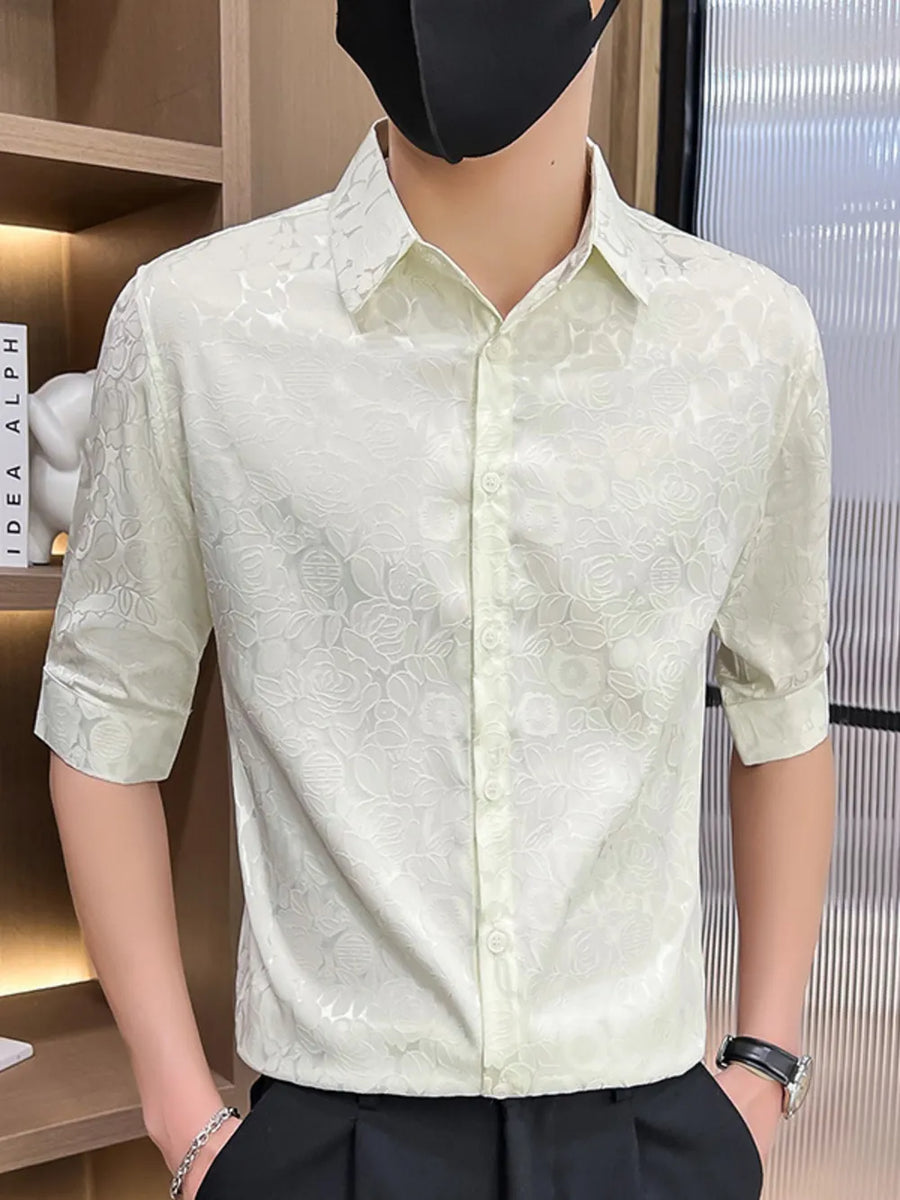 Men's light floral jacquard button-down shirt with short sleeves.