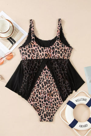 black one-piece swimsuit with pullover and leopard-print