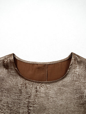 Elegant gold ruffled neck tank top with cap sleeves.