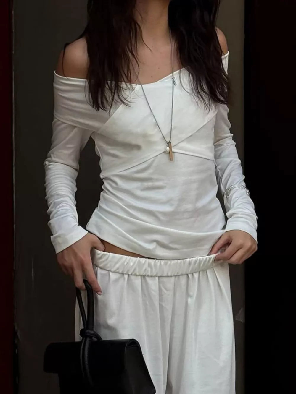 ivory off-shoulder top and wide-leg pants set with full-length and pullover