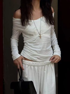 ivory off-shoulder top and wide-leg pants set with full-length and pullover
