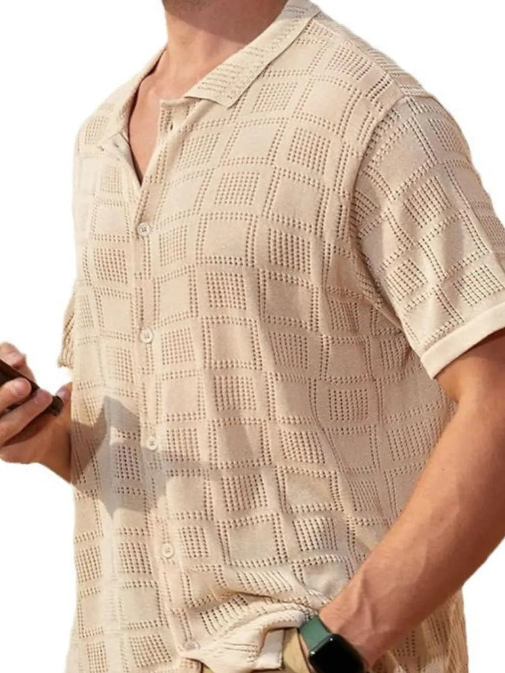 Khaki open-knit resort shirt with geometric texture, short sleeves, and button-down front.