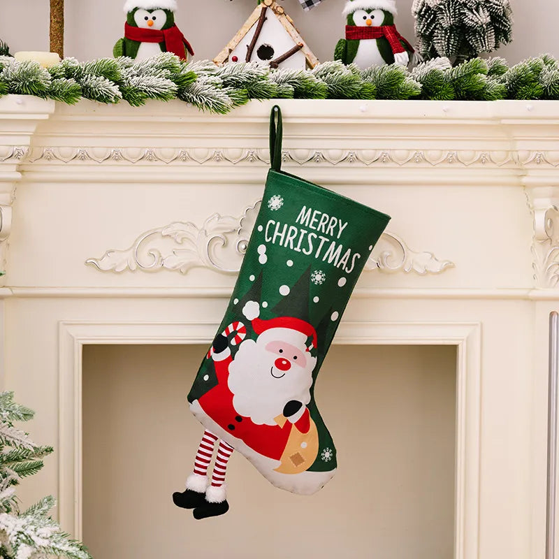 Animated Christmas stocking in green with Santa, 3D detail, and Merry Christmas text.