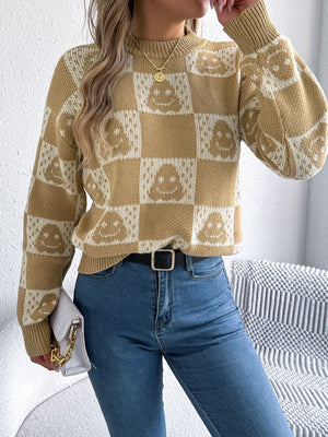 cream pullover sweater featuring stretch and checkerboard