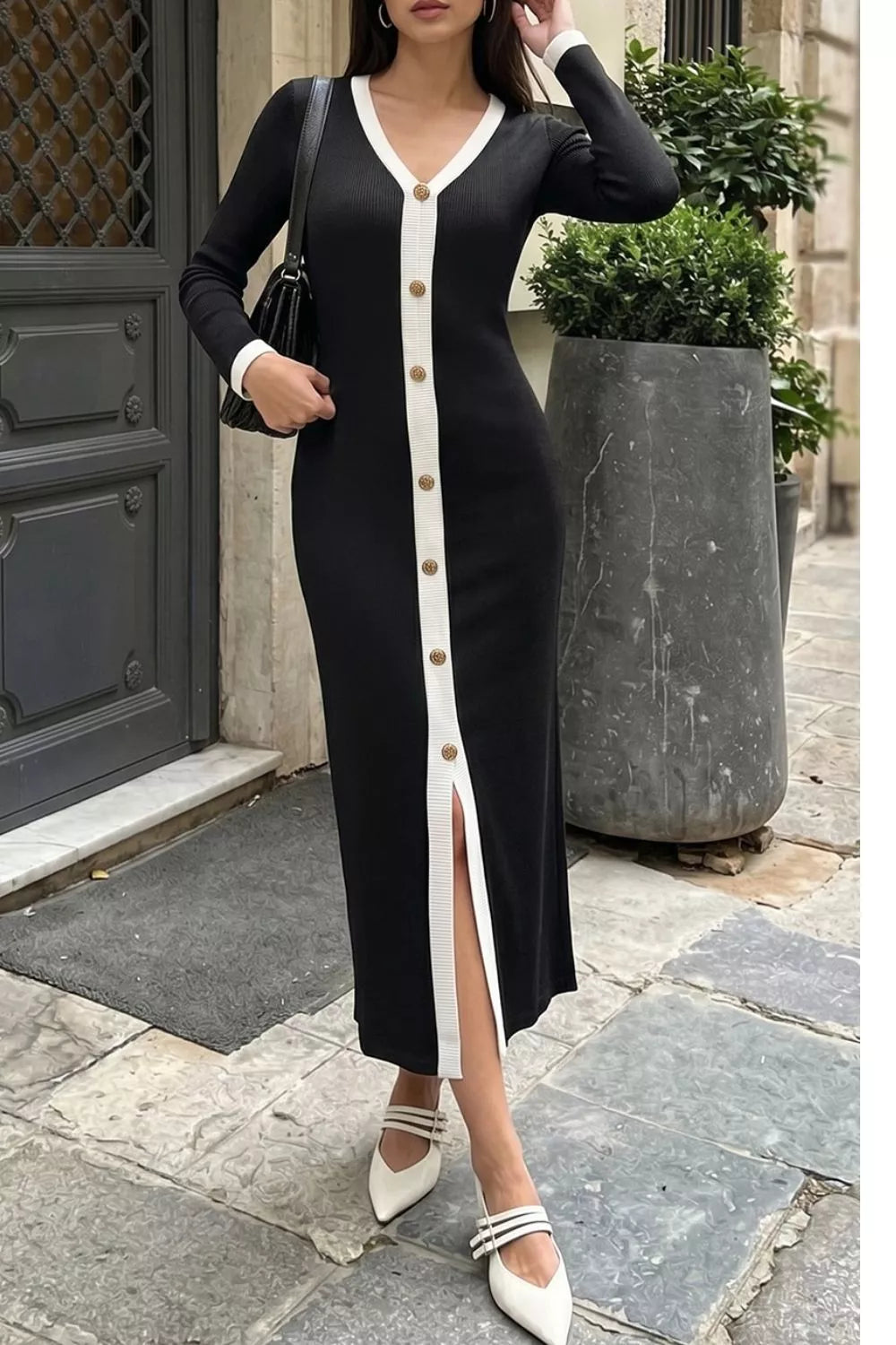 Black Contrast Trim V-neck Knit Dress