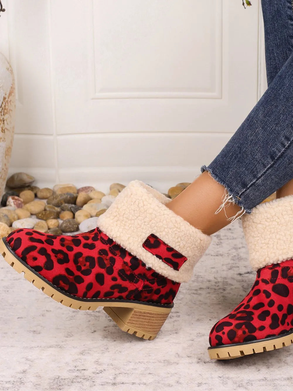 Red leopard print sherpa cuff booties with block heel.