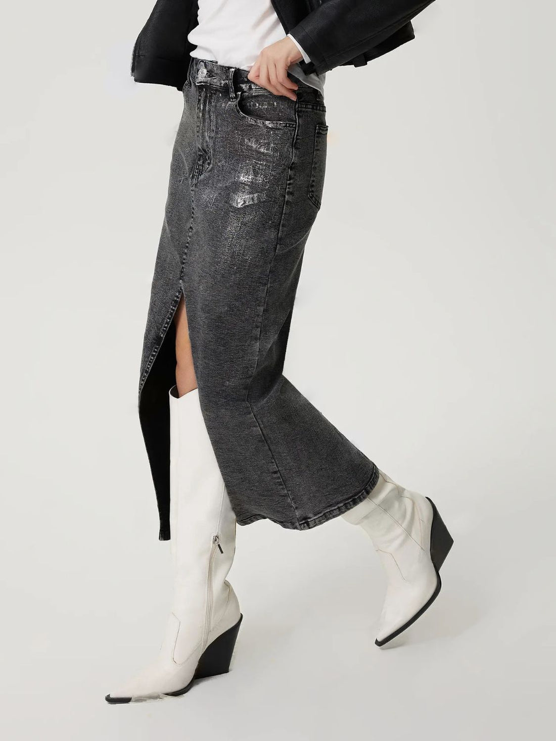 Black distressed denim maxi skirt with high slit and buttoned waist.