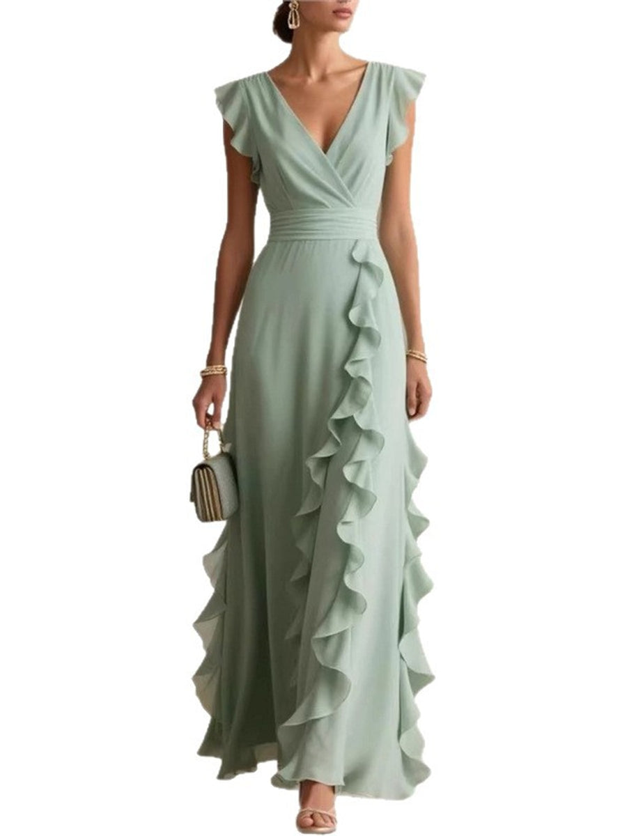 romantic maxi dress in Green with deep v-neck