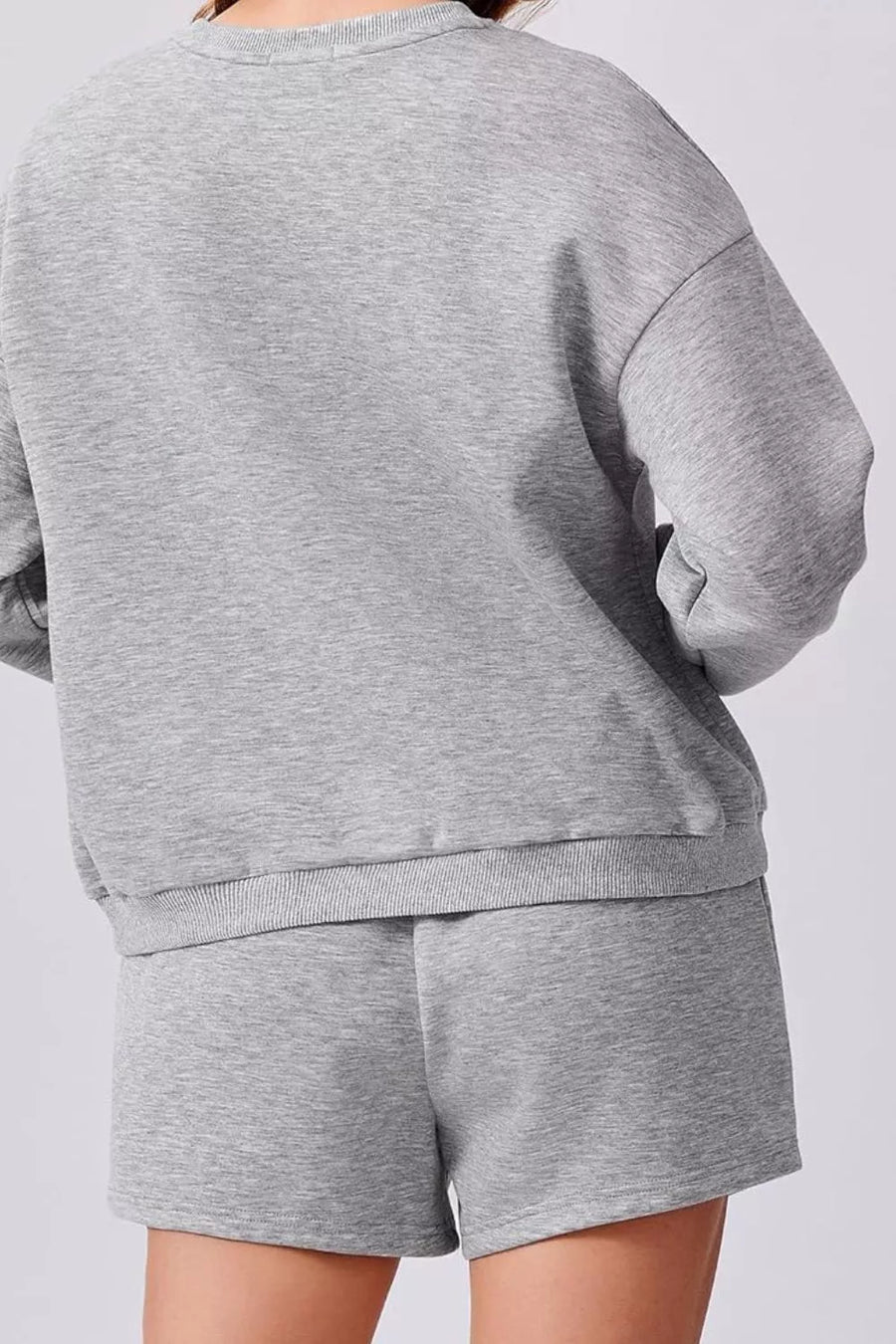 Light Gray cozy sweatshirt and shorts set with ribbed cuffs and hem.