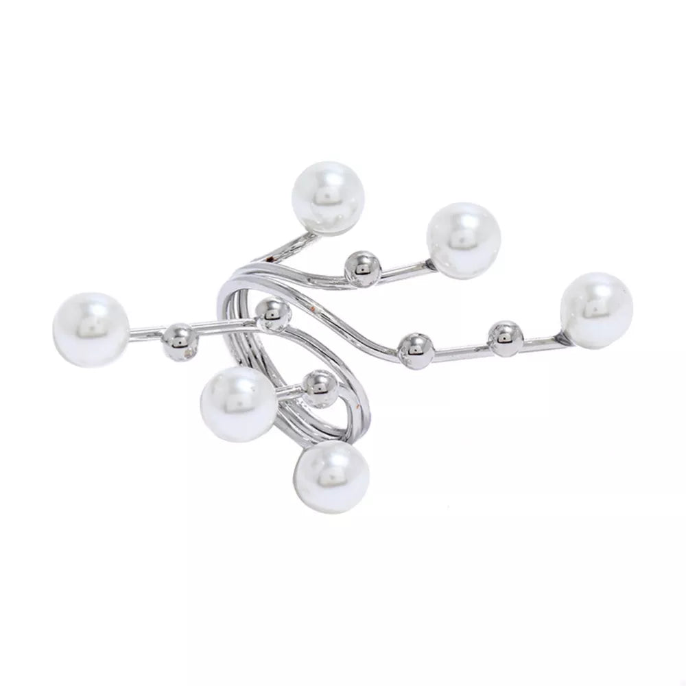 Silver bypass ring with pearls and small metal beads on a gold-plated alloy band.