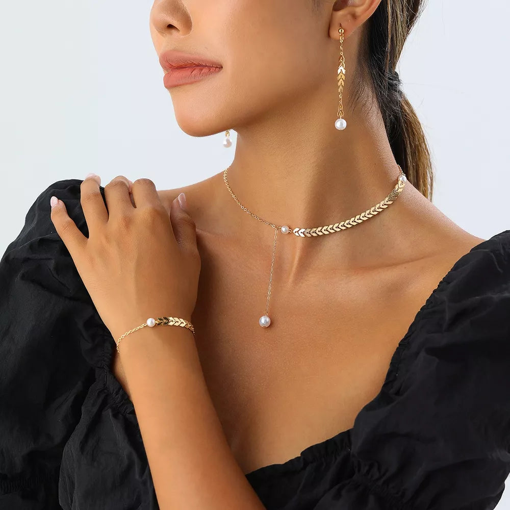 Gold with Wheat-spike 18k Gold-plated Faux Pearl Jewelry Set