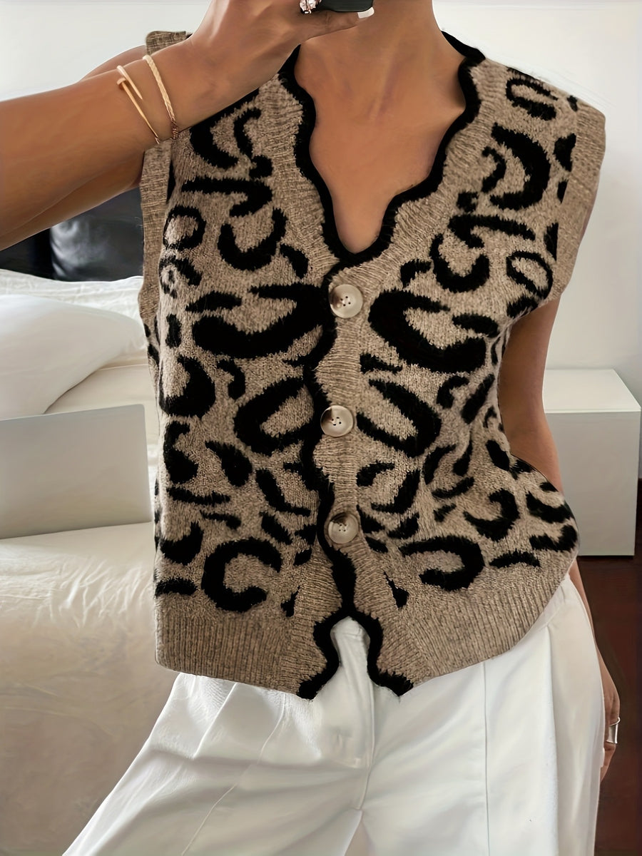 tan sweater vest with leopard and v-neck