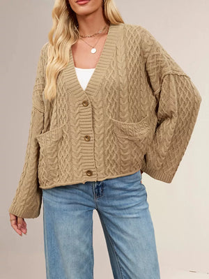 camel cardigan with cable knit and v-neck