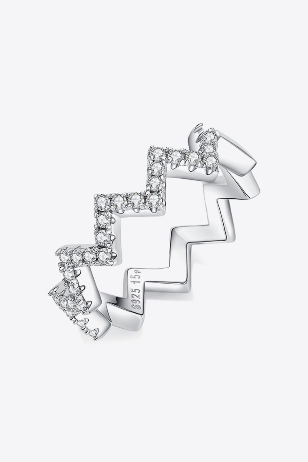 Silver zigzag pavé moissanite band ring with sparkling stones