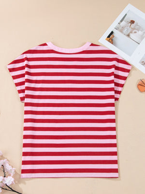 Red and pink striped cotton blend t-shirt with a V-neck and short sleeves.