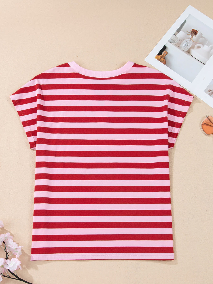 Red and pink striped cotton blend t-shirt with a V-neck and short sleeves.