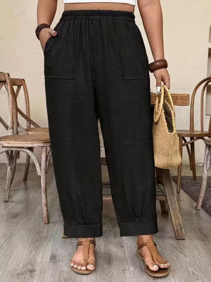 Plus Size High-waisted Elastic Waist Pants in Army Green with pocketed