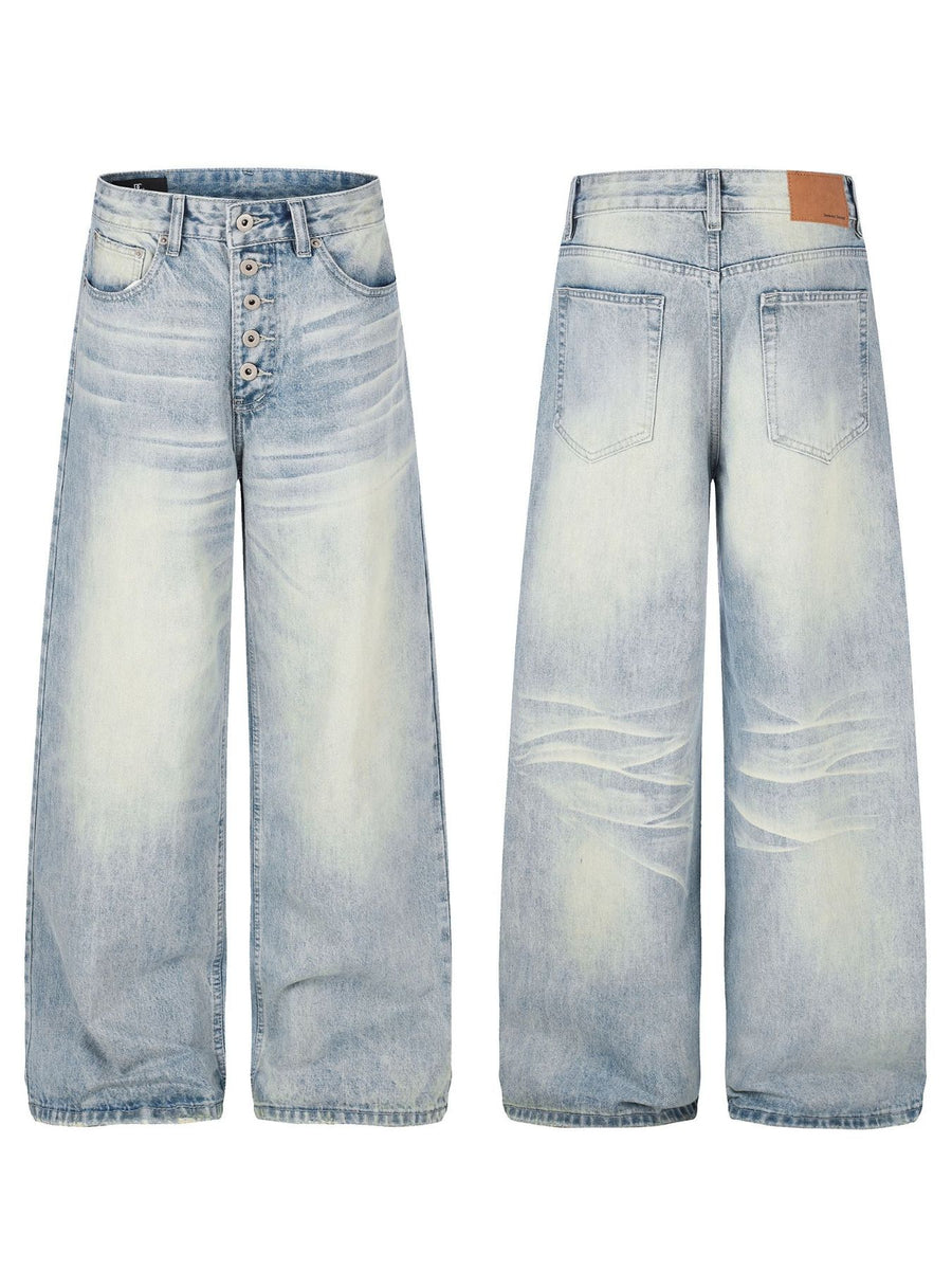 Blue wide-leg jeans with full-length and button-fly