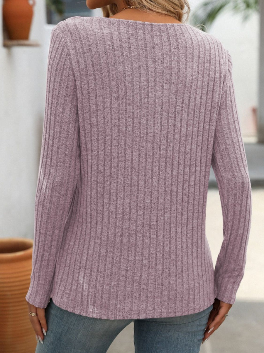 Keyhole ribbed knit henley top in Moonlit Mauve with long sleeves.