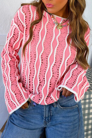 Pink with Wavy Detail Hollow Out Knit Sweater